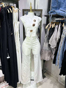 Conjutno blanco tipo mezclilla ligera top strapless botones dorados