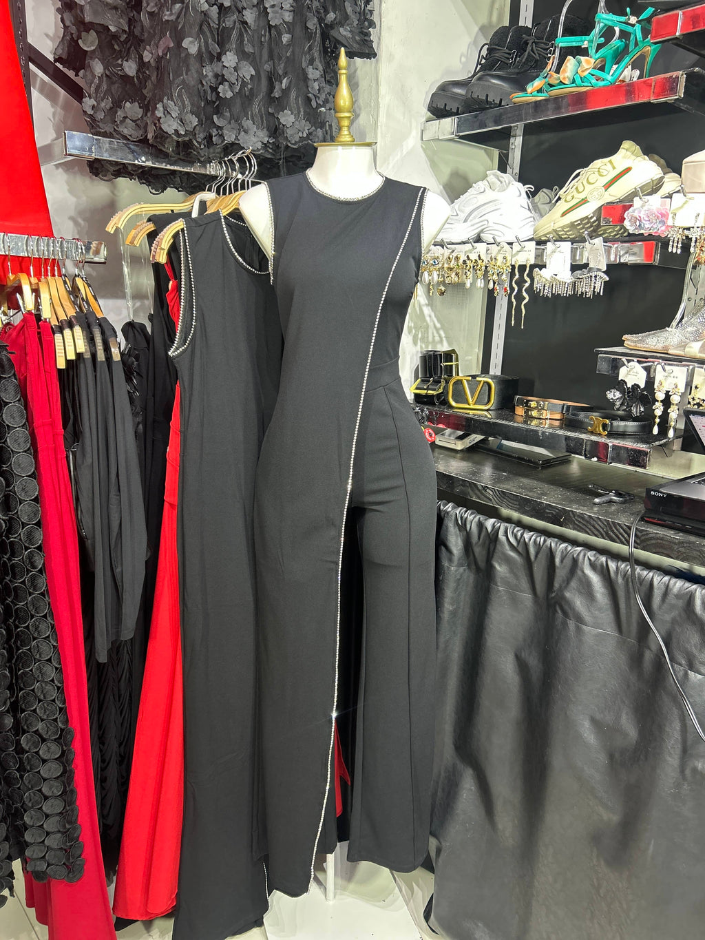 Palazzo stretch negro filo de pedreria