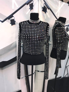 Top negro manga larga de mesh con pedreria
