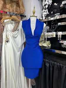 Vestido azul midi bandage con escote y drapeado en cintura