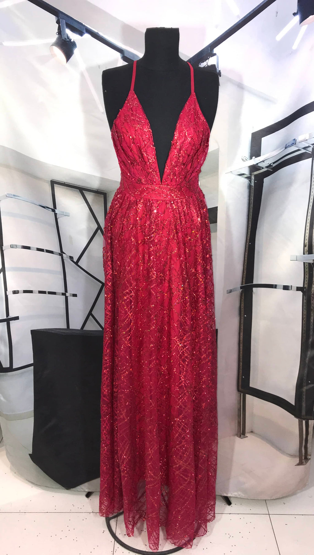 Vestido rojo de mesh con lentejuela y brillo