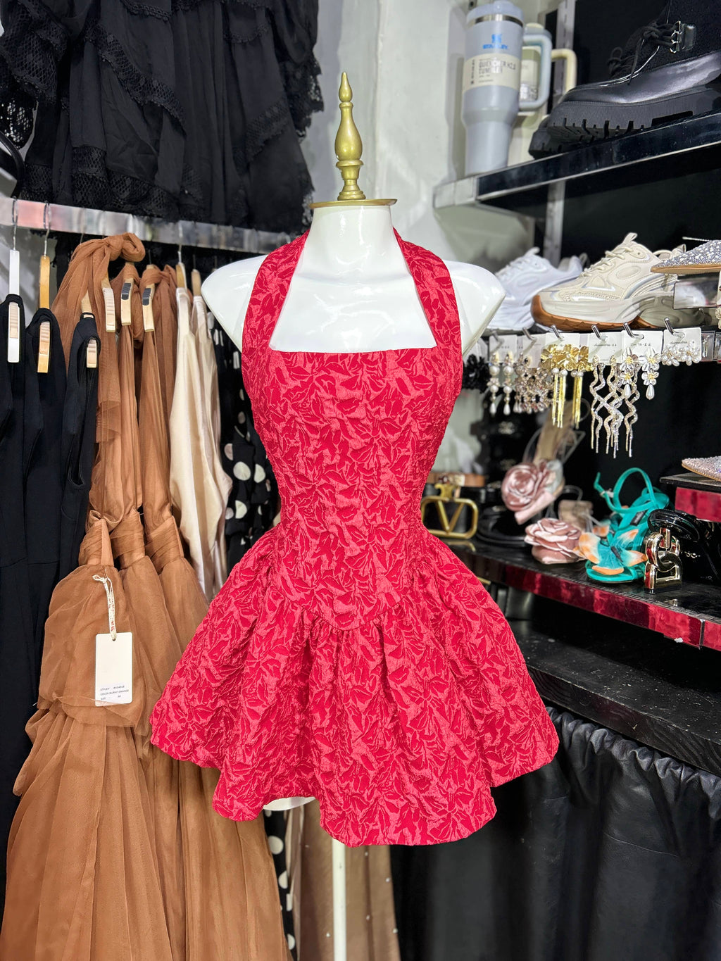 Vestido corto rojo tela con textura
