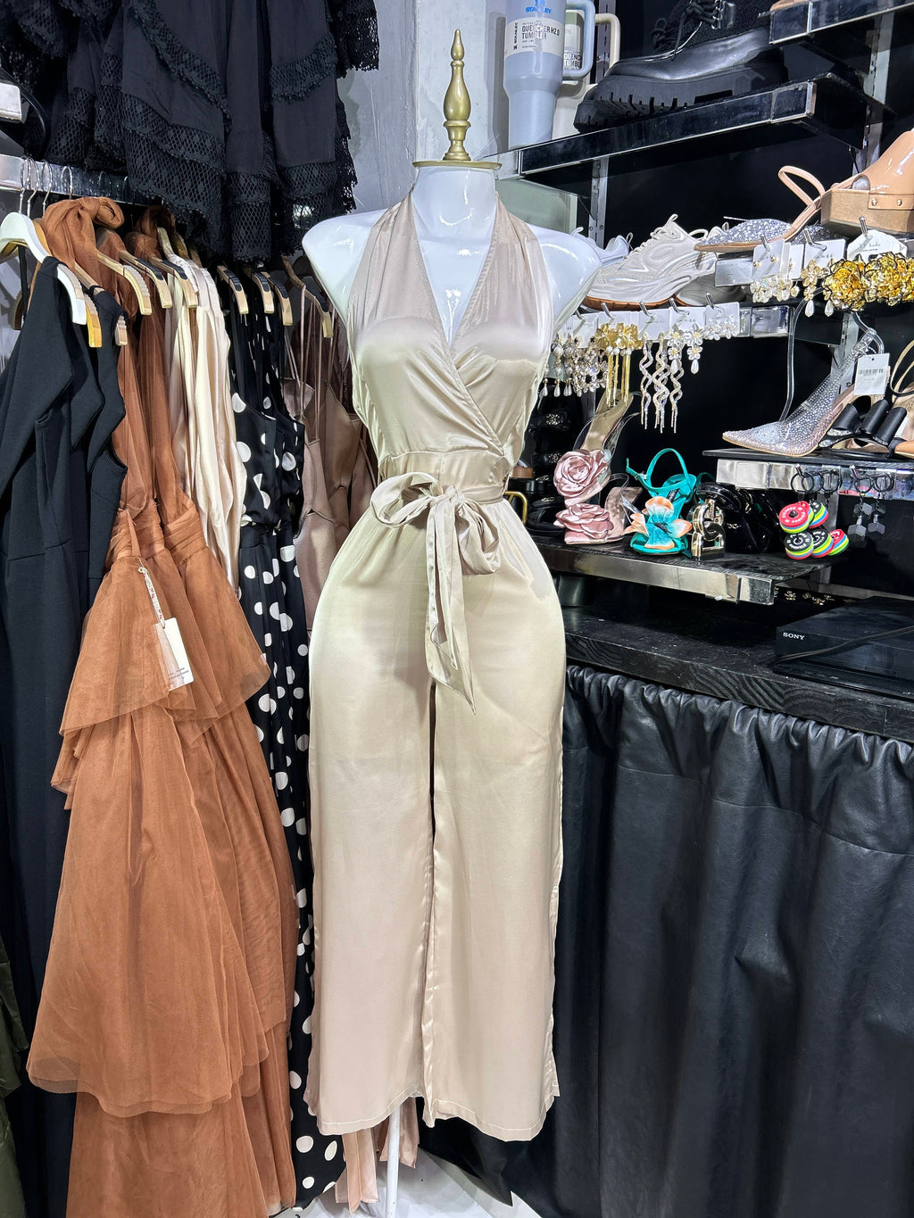 Palazzo beige satinado halter